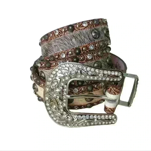 Western Studded Rhinestone Calf hair Leather Belt with Silver Buckle - Picture 1 of 13
